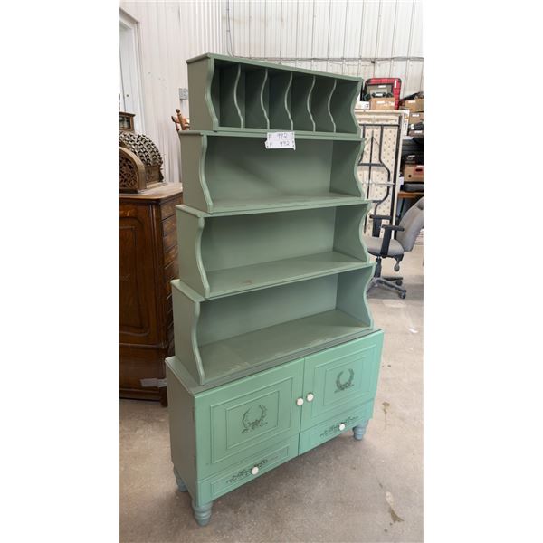 5pc Sage Green Painted Stacking Wooden Hutch with Shelves, Cabinets, and Drawers 64 x 36 x 11