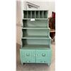 Image 2 : 5pc Sage Green Painted Stacking Wooden Hutch with Shelves, Cabinets, and Drawers 64 x 36 x 11