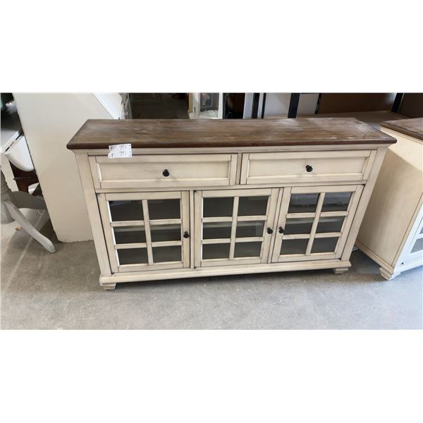 Pike & Main Farmhouse Sideboard with Wood Top, Two Drawers, and Glass Door Cabinets 15 x 55 x 33