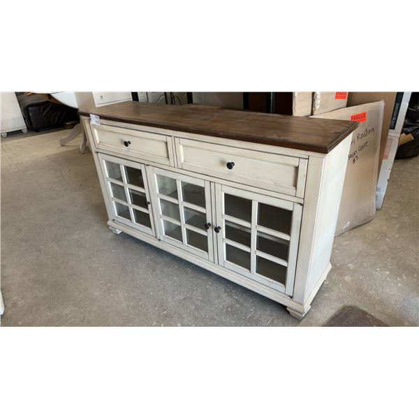 Pike & Main Doral Sideboard, Antique White Finish, Two Drawers, Three Glass-Pane Doors 56 x 15 x 33