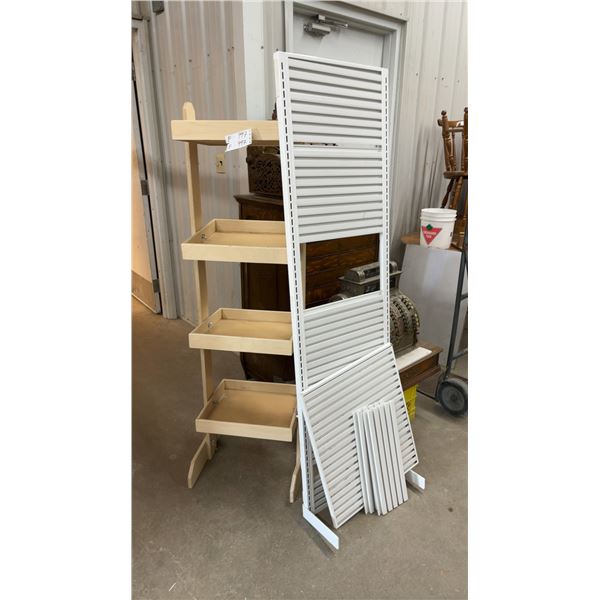 Wooden Four-Tier Retail Display Stand and White Metal Slatwall Display System