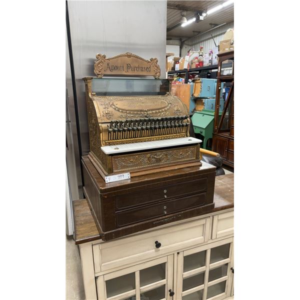 Antique Diebold Safe and Lock Co. Ornate Brass Cash Register with Oak Base