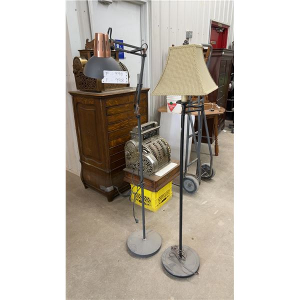 Two Floor Lamps: Industrial Articulating Task Lamp and Swing Arm Lamp with Fabric Shade