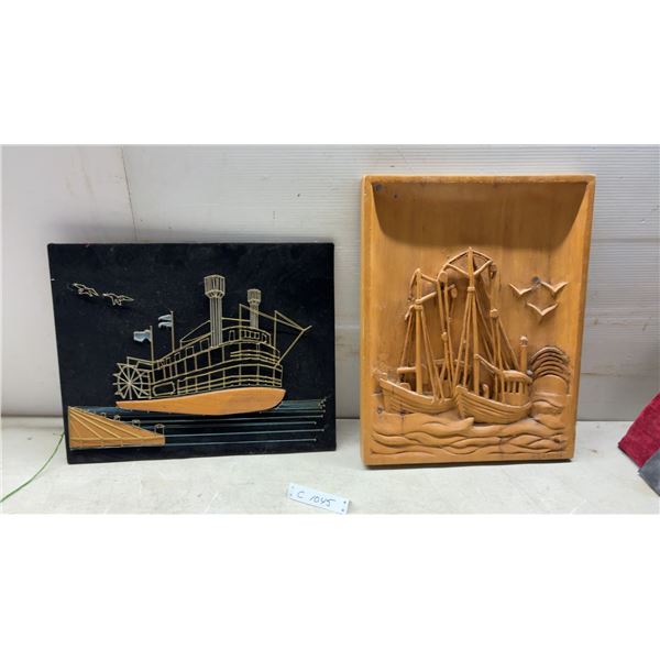 String Art Paddlewheel Steamboat Wall Hanging and Carved Wood Boat Plaque, 16 x 21"