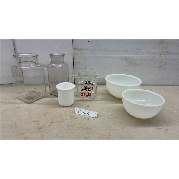 Hazel Atlas Scotty Dog Glass Pitcher, Apothecary Jars, 2 Fire-King Bowls & Platter and More