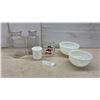 Image 1 : Hazel Atlas Scotty Dog Glass Pitcher, Apothecary Jars, 2 Fire-King Bowls & Platter and More