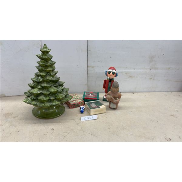 Vintage Green Glazed Ceramic Lighted 18" Christmas Tree (No Tree Inserts) Nutcracker, and More