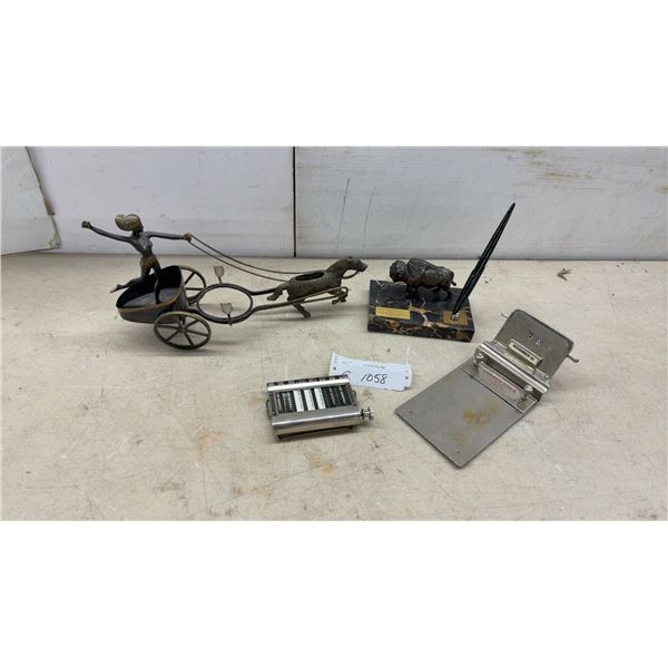 Brass Chariot Figurine, Golden Gem Adding Machine, Buffalo Pen Holder, and More
