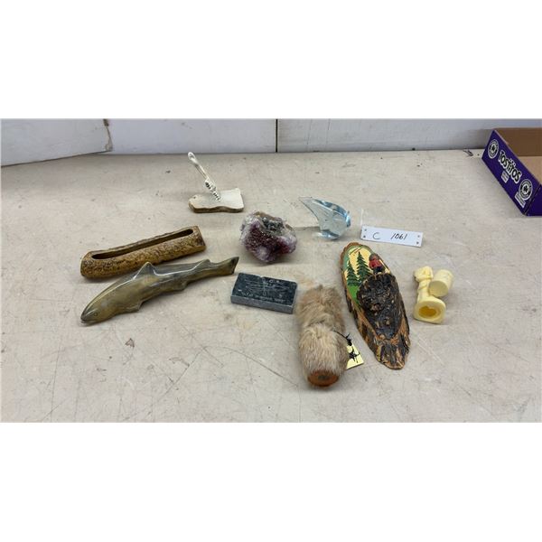 Soapstone Fish Carving, Amethyst Geode, Glass Dolphin Figurine, Fur Souvenir, and More