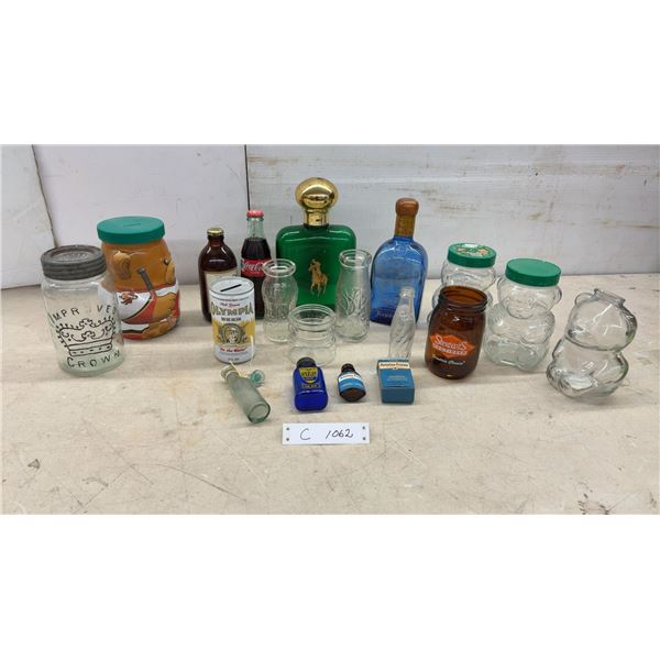 Vintage Glass Bottle Collection, Improved Crown Jar, Polo Cologne, Peanut Butter Bear Jars, and