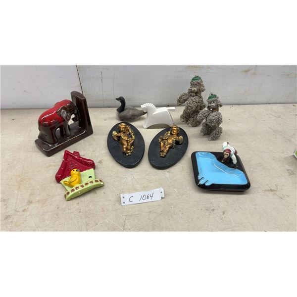 Vintage Spaghetti Poodle Figurines, Elephant Bookend, Cherub Chalkware Plaques, and More