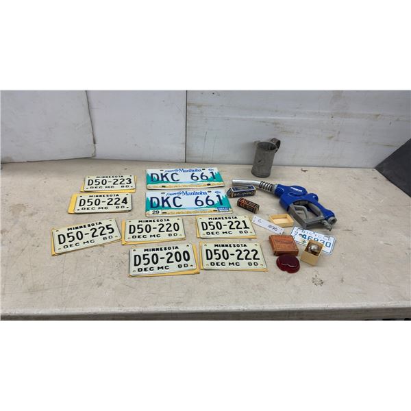 Minnesota and Manitoba License Plates, Emco Wheaton Fuel Nozzle, Spark Plugs, and More