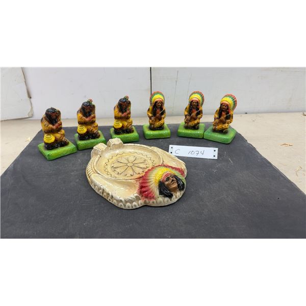 Native American-Themed Painted Ceramic Figurines and Ashtray, Seven Pieces