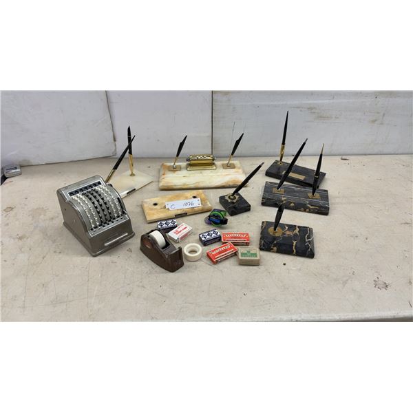 Vintage Marble and Onyx Desk Pen Sets with Perpetual Calendar, Tape Dispenser, and More