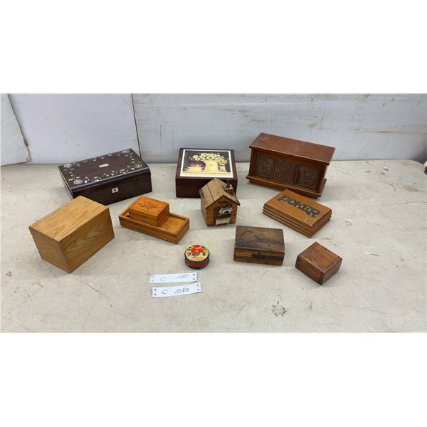 Collection of Decorative Wooden Boxes Including Inlaid Jewelry Box, Poker Box, and More