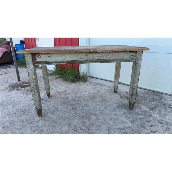 Vintage Distressed Wooden Utility Table with Plank Top and Tapered Leg, 30 x 29 x 52"