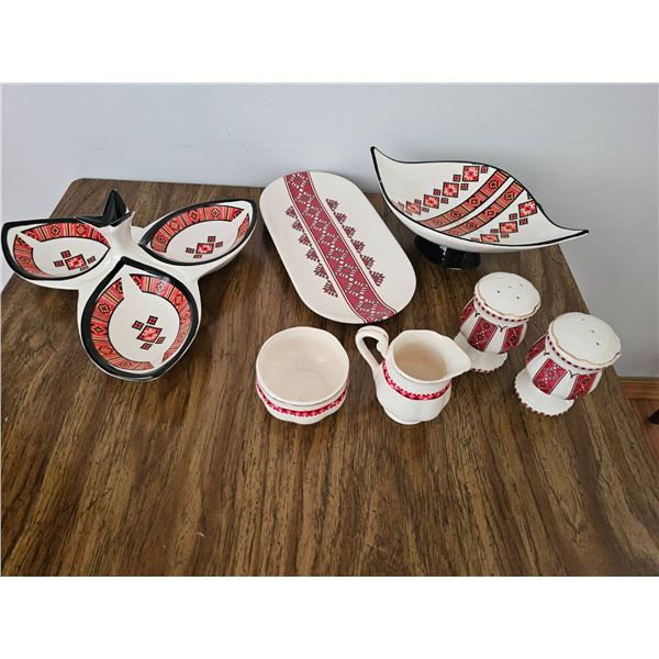 Ceramic Serving Set with Folk Motif in Red, Black, and White