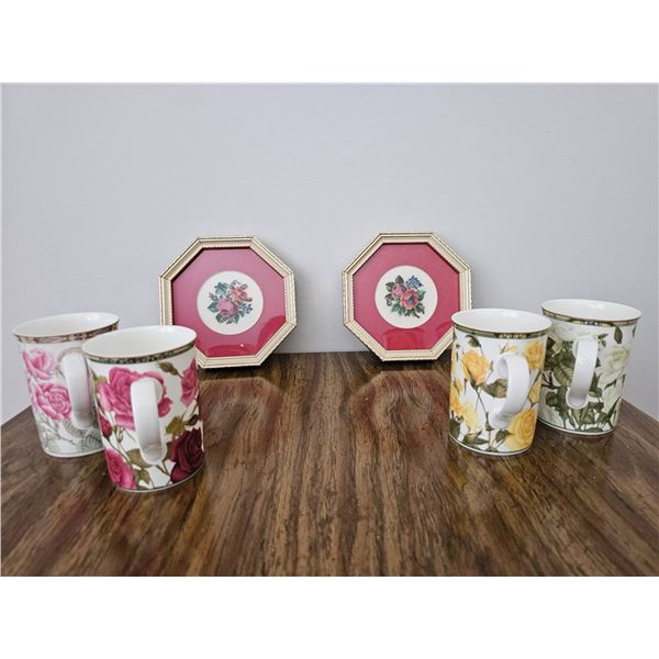 4 Floral Roses Mugs by Royal Bone China and 2 Octagonal Framed Floral Decorations
