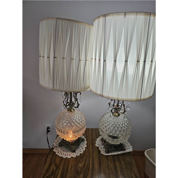 Cut Glass Table Lamps with Brass Accents and Pleated Shades