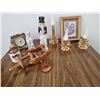 Image 1 : Decorative Items Including Figurines, Clock, Oil Lamp, and Wall Art