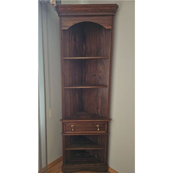 Tall Wooden Corner Shelf Unit with Drawer and Shelves