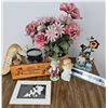 Image 1 : Decorative Items Including Figurines, Floral Arrangement, and Wooden Plaque