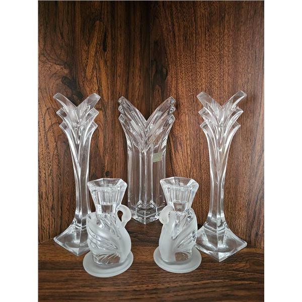 Five Crystal Vases and Swan-Form Candle Holders