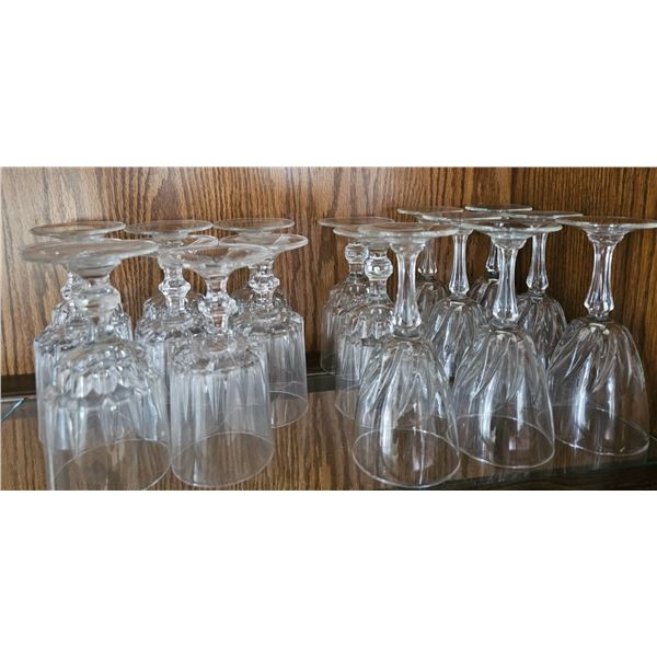 12 Clear Glass Wine and Cocktail Glasses with Faceted and Etched Designs