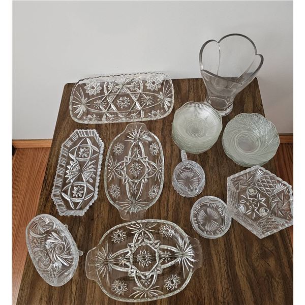 Clear Pressed Glassware Including Platters, Bowls, and Vase