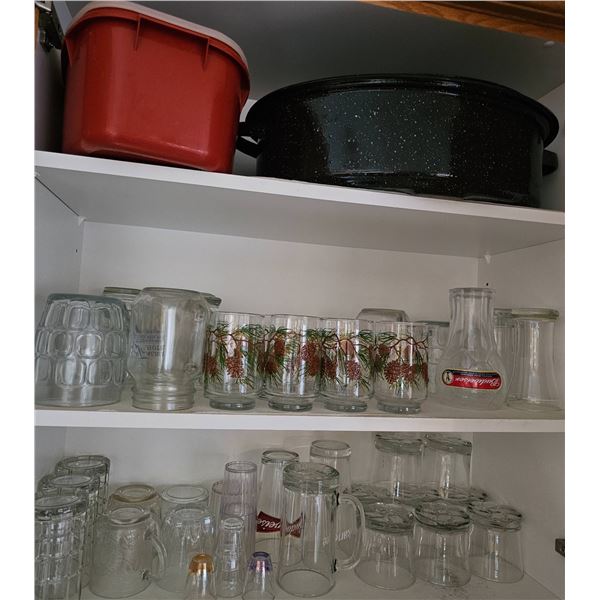 Glassware, Red Storage Container, and Black Roaster Pan