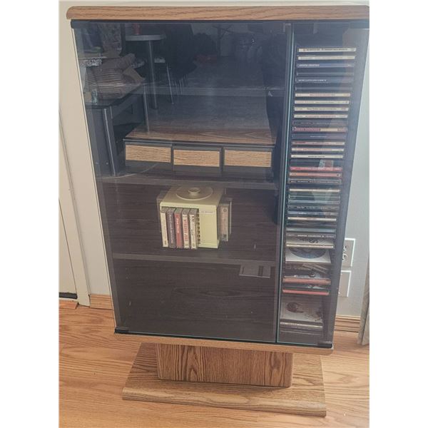 Rotating Wooden Media Storage Unit with Cassette and CD Organization