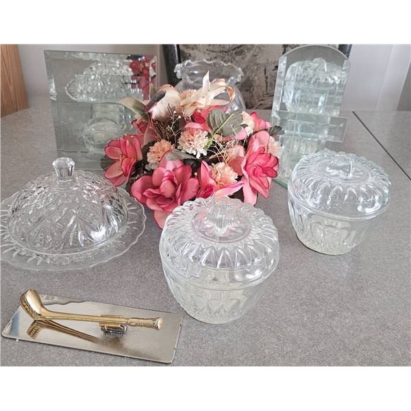 Glassware and Mirror Accents with Floral Centerpiece