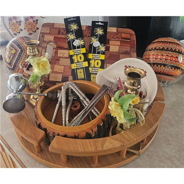 Decorative and Functional Items Including Candle Holders, Boards, and Ornamental Eggs