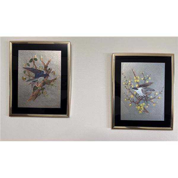 Two Framed Bird-Themed Embroidered Artworks with Metallic Backgrounds