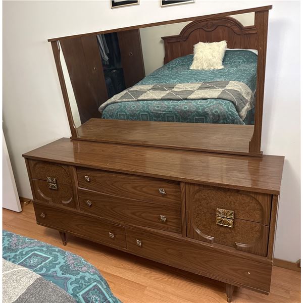 Mid-Century Wood Dresser with Mirror and Decorative Elements