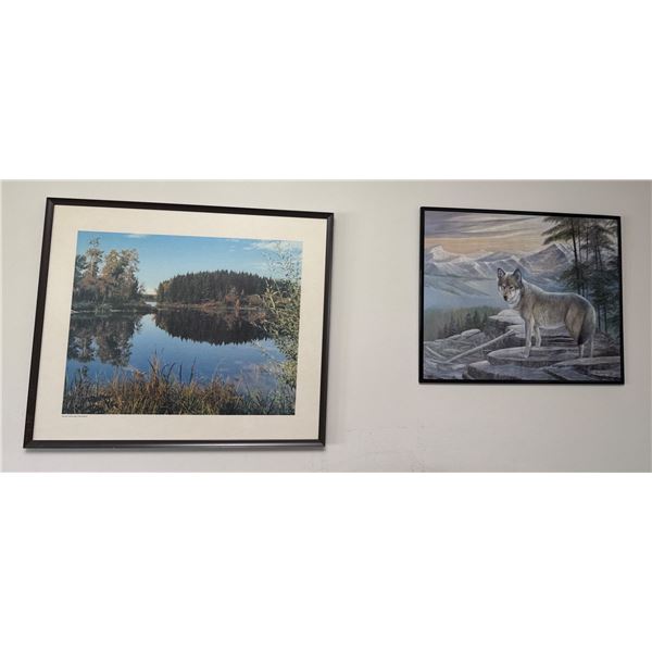 Framed Print Lot Featuring Scenic Lake Landscape and Wolf in Mountain Setting