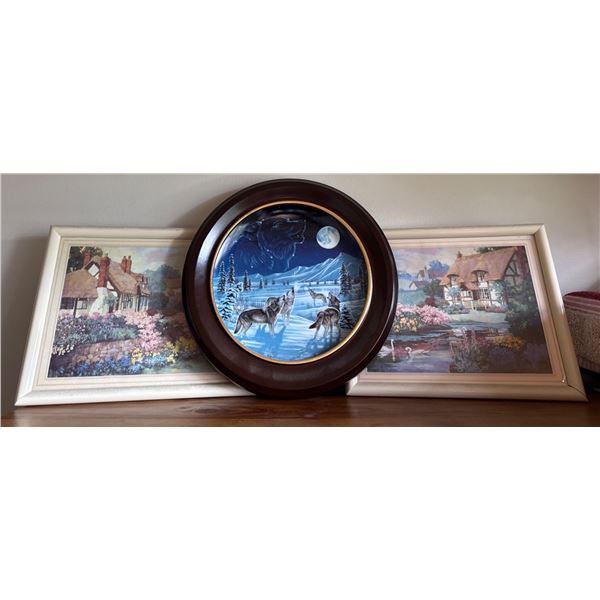 Three Artworks Including Round Wildlife Plate and Cottage Landscape Prints