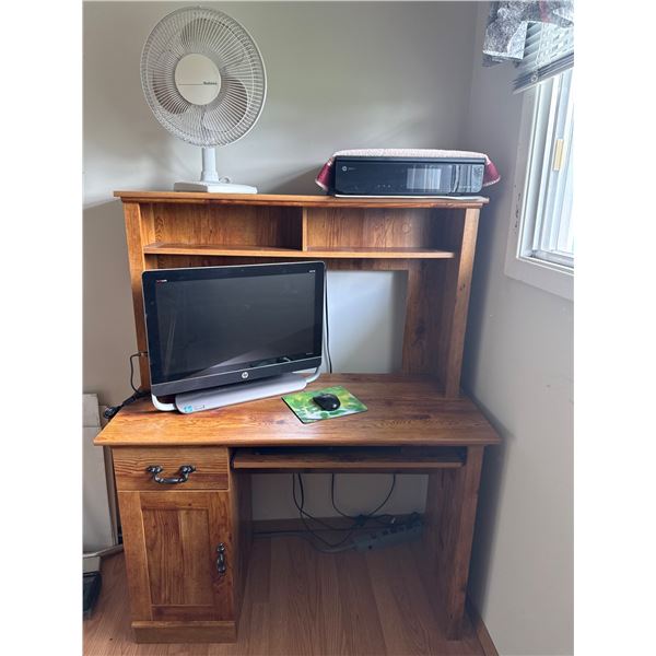 Wooden Desk with Hutch, Computer, Printer, and Fan