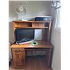 Image 1 : Wooden Desk with Hutch, Computer, Printer, and Fan