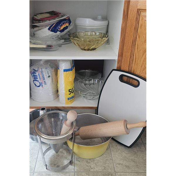 Kitchenware Lot Including Strainer, Rolling Pin, Bowls, and More