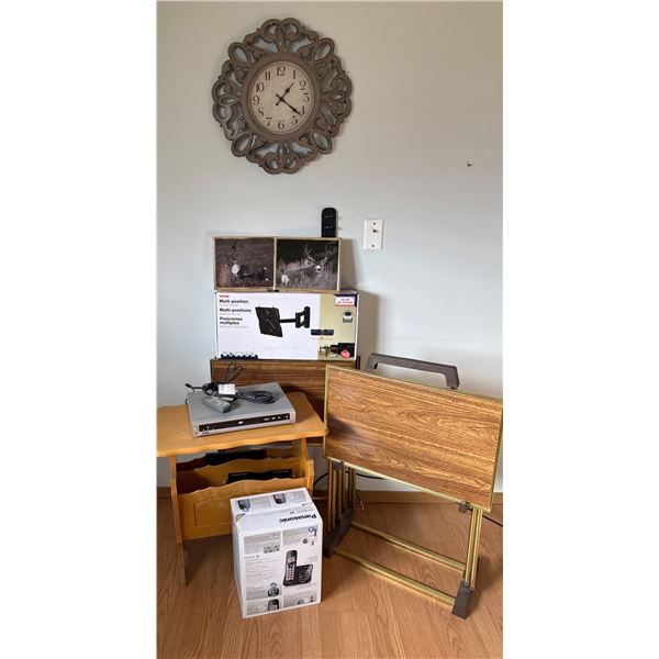 Home Decor and Electronics Lot with Wooden Clock, DVD Player, and Wall Mount