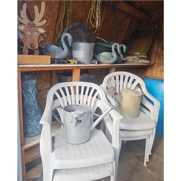 Garden Decor and Tools Including Metal Swans and Watering Cans