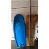 Image 1 : Blue Plastic Toboggan, Wooden Toboggan, and Ski Pole