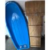Image 3 : Blue Plastic Toboggan, Wooden Toboggan, and Ski Pole