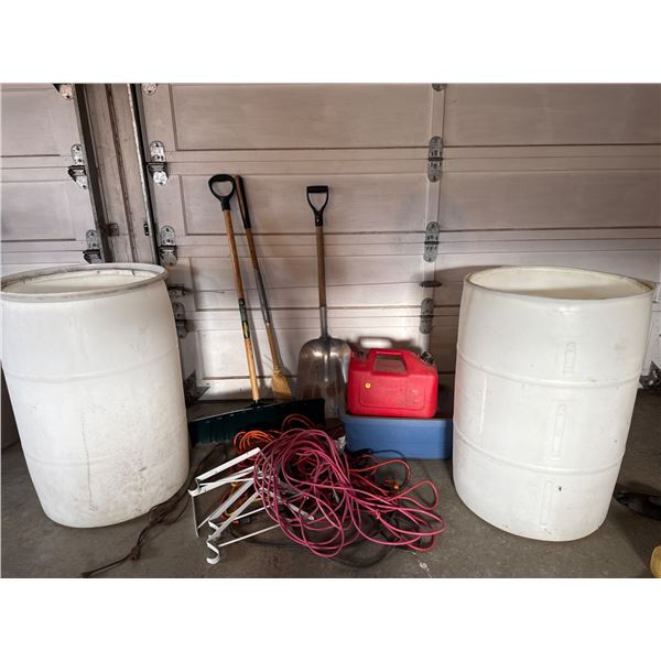 Two White Barrels, Yard Tools, Extension Cords, and Storage Items