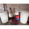 Image 1 : Two White Barrels, Yard Tools, Extension Cords, and Storage Items