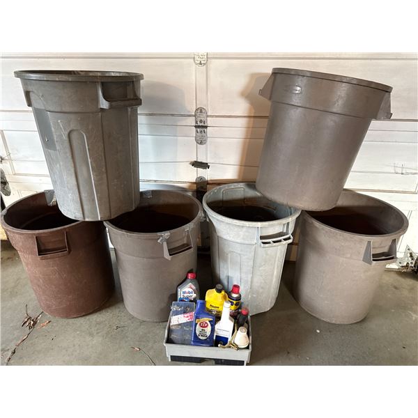 Six Garbage Bins with Maintenance Supplies
