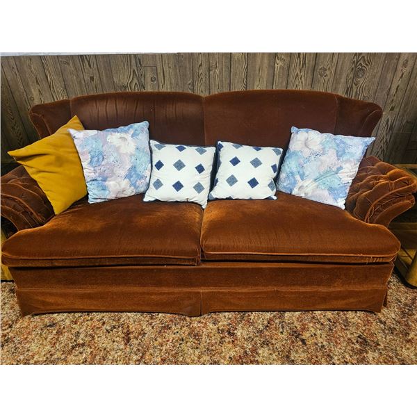Mid-Century Brown Velvet Sofa with Tufted Arms and Cushioned Seat