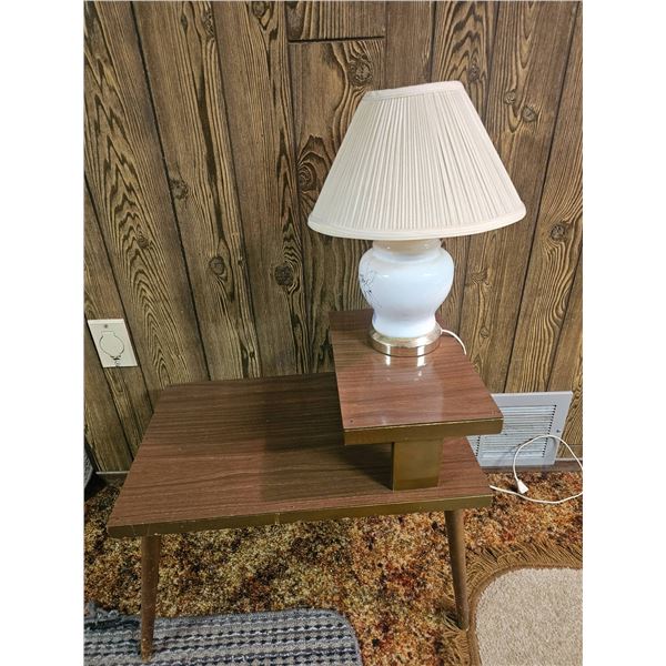 Wooden Tiered Side Table with White Ceramic Lamp
