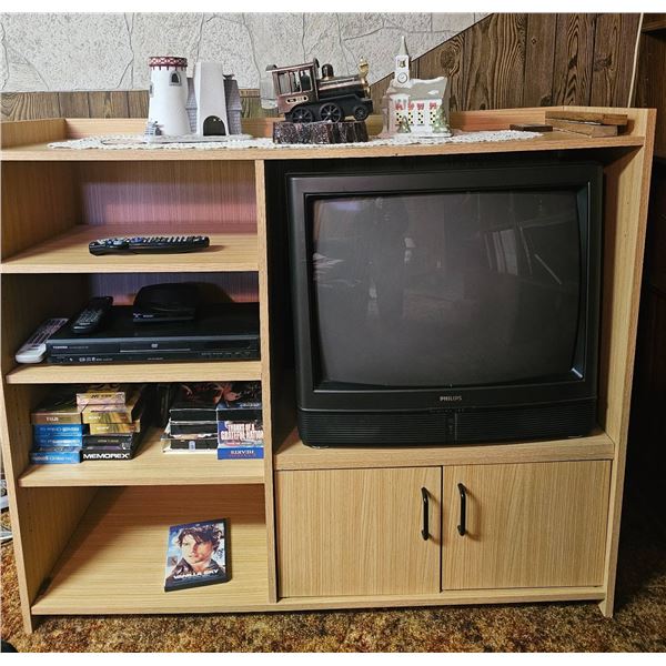 Oak-Finish Entertainment Center with Built-In Phillips CRT TV and Accessories